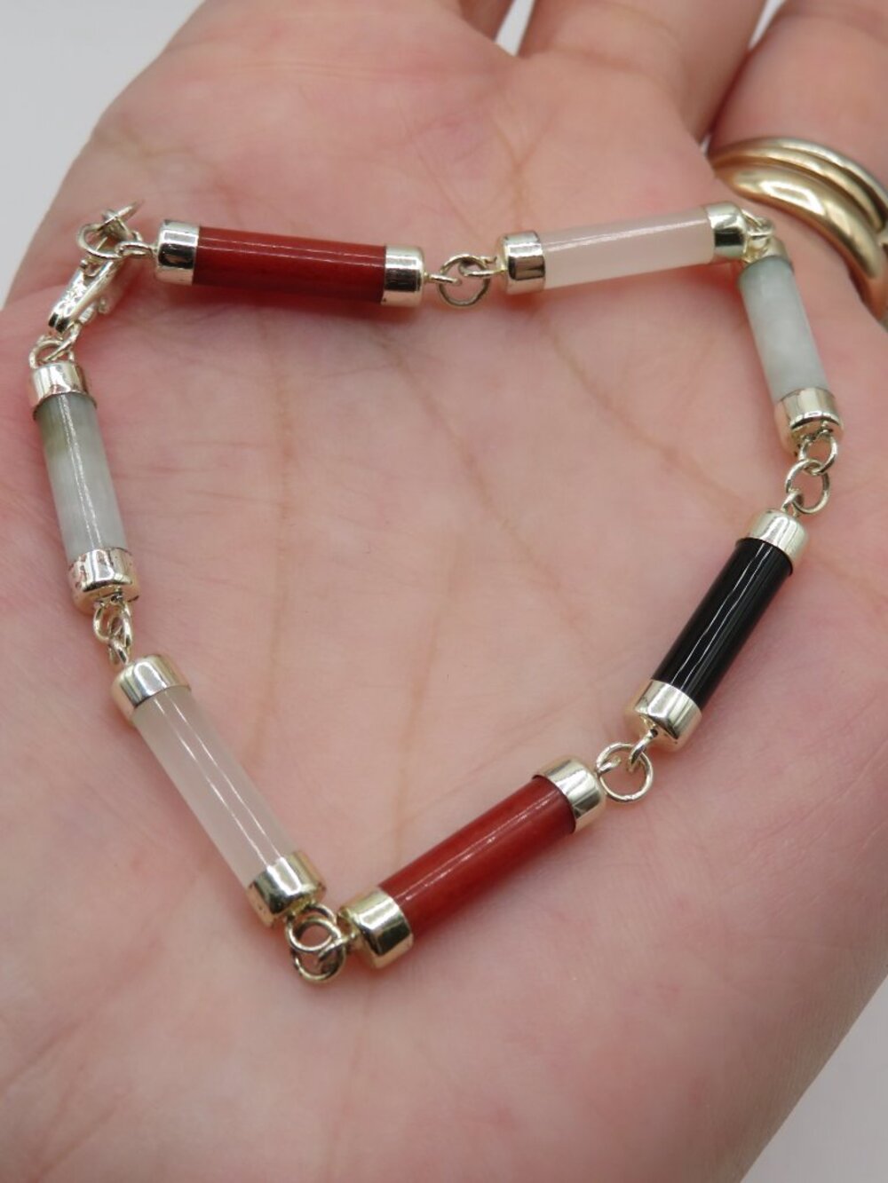 Vintage Multi-color Jade and Silver Tone Barrel Link Bracelet